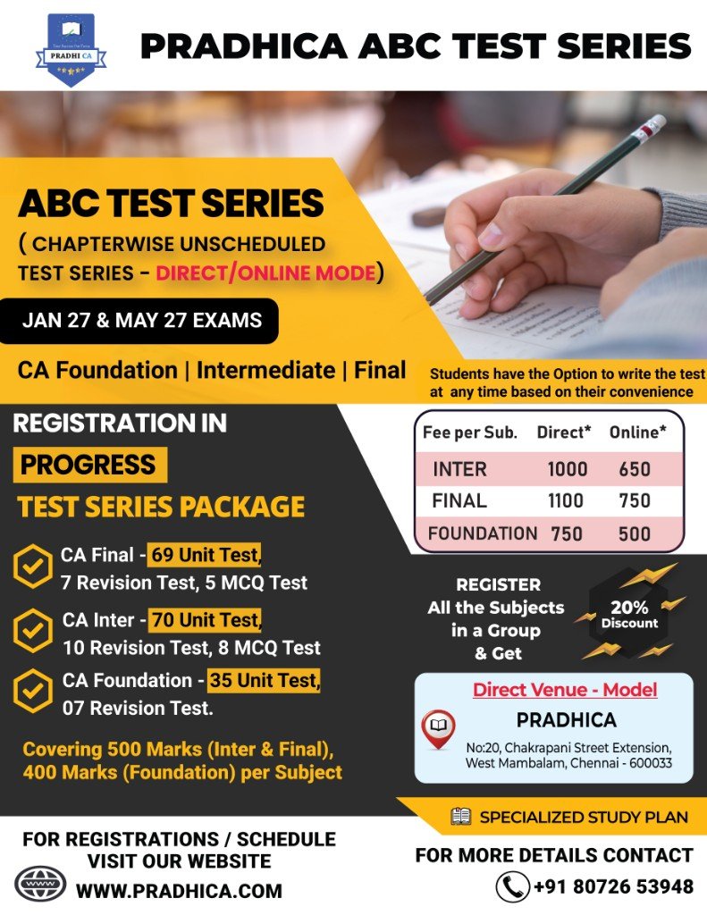 ABC Test Series poster for Jan 27 and May 27 exams, Foundation, Intermediate and Final
